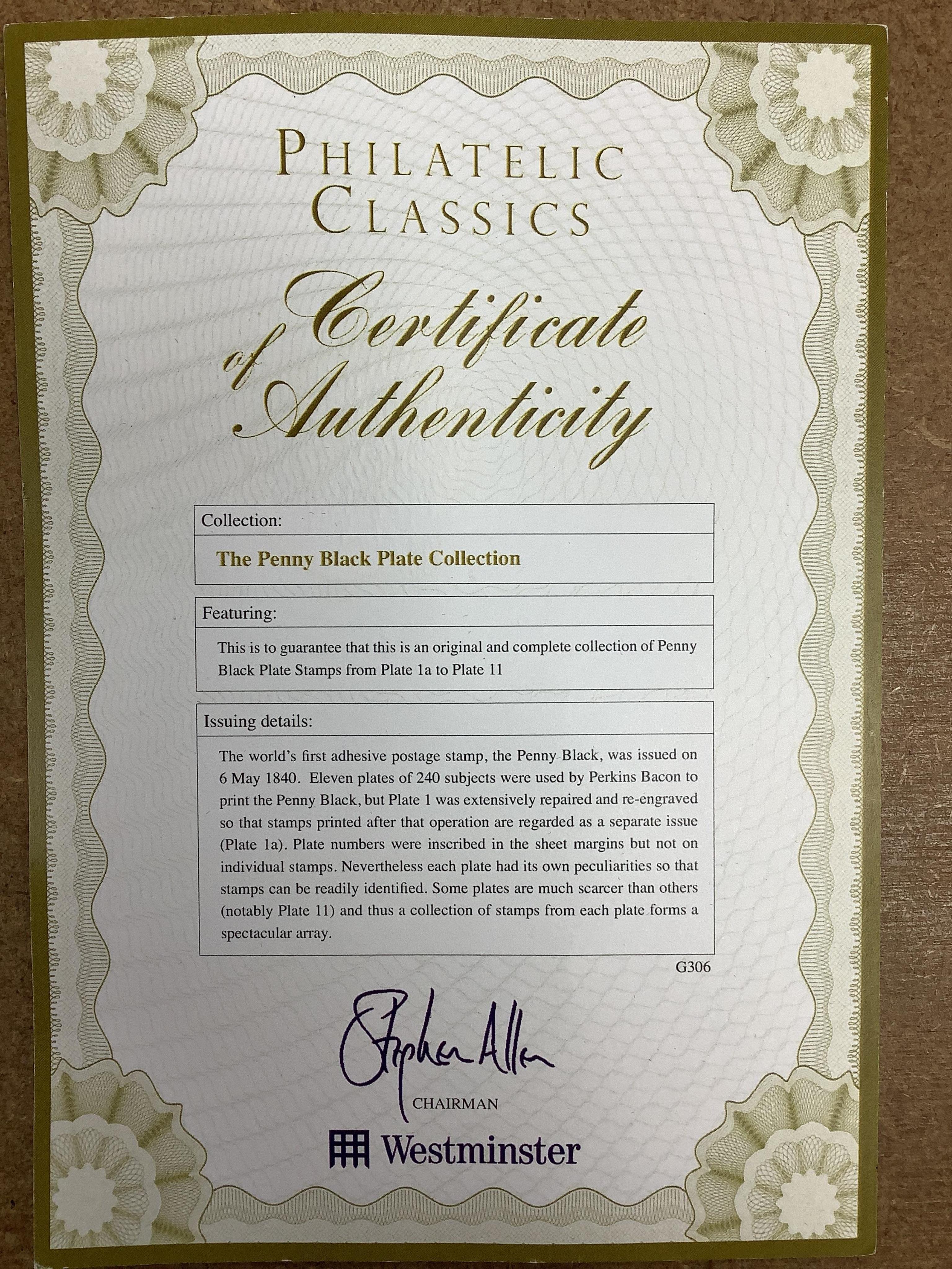 The Penny Black Plate collection in Westminster Collection case with certificate
